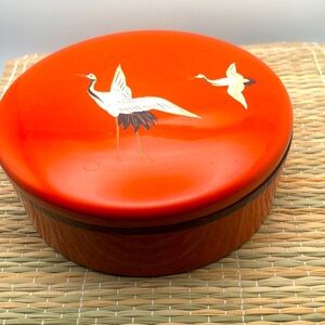 Vintage Japanese nesting trays Cranes painted on lid   7.25” diam orange w/black